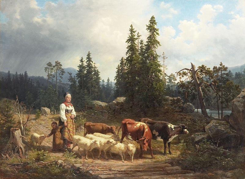 Nils Andersson Vallflicka med hjord i landskap oil painting picture